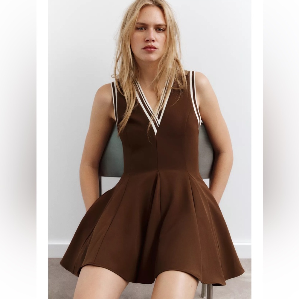 Zara Brown Sleeveless V-Neck Mini Dress with Cream Trim
